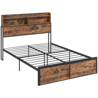 HOMCOM Industrial Double Bed Frame - 4.8FT Steel Bed Base with Storage Headboard - Footboard - Slatted Support and Under Bed Storage - 145 x 209cm - R
