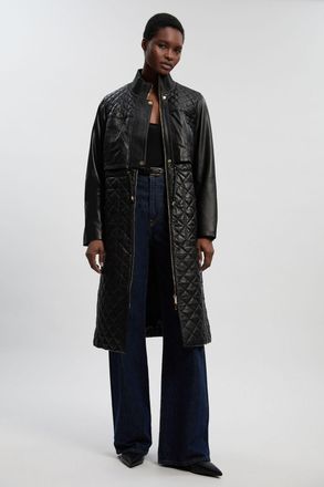 Karen Millen Womens Longline Quilted Leather Biker Jacket - Black - Size 12 UK