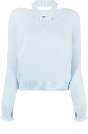 Fendi logo-embroidered cut-out fine-knit jumper - women - Cashmere/Polyamide/Cotton/Polyurethane - 44 - Blue