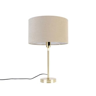 QAZQA Dise&ntilde;o L&aacute;mpara De Mesa Dorada Regulable Con Pantalla Color Marr&oacute;n Claro 35 Cm - Parte Acero /textil Redonda Adecuado Para Led Max. 1 X 60 Watt - Qazqa