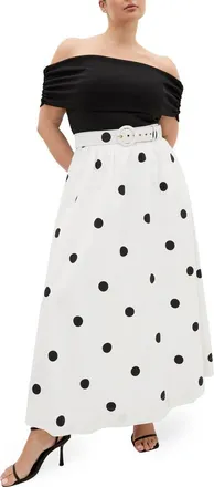 City Chic Anita Mixed Media Off the Shoulder Maxi Dress in Black Polka at Nordstrom, Size Xxs