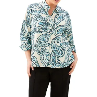 Karen Kane Ruched Sleeve Cotton Button-Up Shirt in Print at Nordstrom, Size 3 X