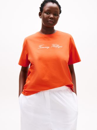 Tommy Hilfiger T-Shirt TOMMY HILFIGER CURVE CRV SCRIPT REG C-NK SS T-SHIRT, Damen, Gr. 50, orange (brilliant orange), Jersey, Obermaterial: 100% Baumwolle, unifarben