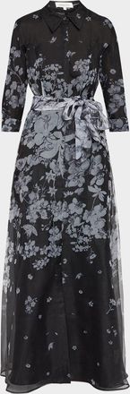 Teri Jon Floral Organza Tie-Waist Shirt Gown