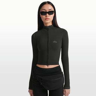 Nike Womens SKIMS Ribbed Seamless Cropped Full-Zip Jacket in Black | TPLSL11145W-OAR
