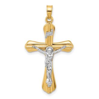 Diamond2Deal 14k Two-tone Gold Grooved Hollow INRI Crucifix Pendent