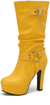 Generic Womens Mid Calf Ruched Platform High Heel Boots Round Toe Faux Leather Metal Buckle Slip On Bold Color Retro Style Comfortable Durable For Daily Casua