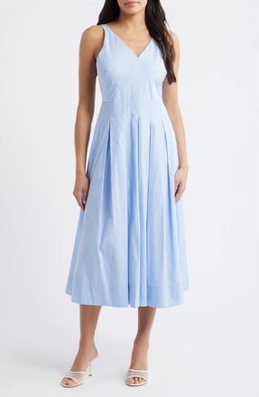 Eliza J V-Neck Midi Dress in Blue White at Nordstrom, Size 10