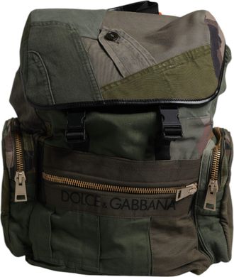 Dolce & Gabbana Mens Patchwork Travel Backpack Green Cotton Leather Nylon