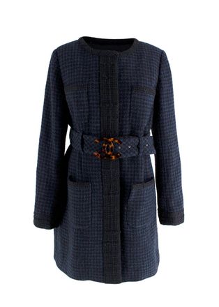 Chanel Navy Houndstooth Belted Wool Jacket Size L