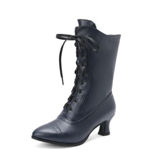 Generic Womens Two-Tone 5.5cm Kitten Heel Lace-Up Mid-Calf Boots for Autumn and Winter,Blue,5.5 UK