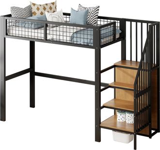 STILVORA Cama Alta Individual Con Escalera De Seguridad Y Armario, 90 X 200 Cm, Sin Colch&oacute;n, Metal, Negro