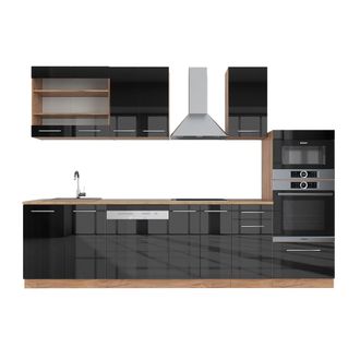 Vicco Mueble De Cocina Fame-line, Antracita Brillo Intenso/roble Dorado El&eacute;ctrico, 300 Cm Con Armario Alto, Et Roble