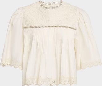 Sea New York Larissa Embroidered Short-Sleeve Crop Top