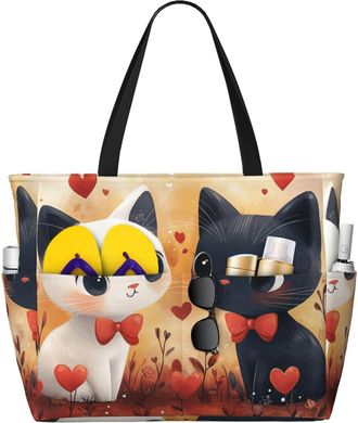 Generic Love Hearts Cats Print Large Beach Bag Foldable Travel Shoulder Tote Bag With Pocket For Weekender Pool Vacation