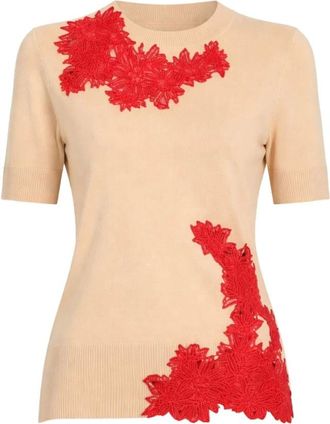 Ermanno Scervino Round-neck Knitwear, female, Beige, Size: XS Embroidered Top