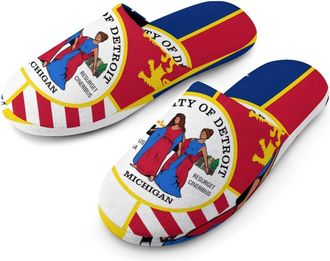 Generic City of Detroit Michigan Flag Mens Cozy House Slippers Winter Warm Shoes with Anti-Slip Sole for Travel Indoor Outdoor