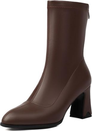 Generic Womens Mid-Calf Ankle Boots Faux Leather Elastic Cuff Pointed Toe Chunky Block Heels Side Zip Design Stylish Footwear For Evening Dinners Casual,Brown