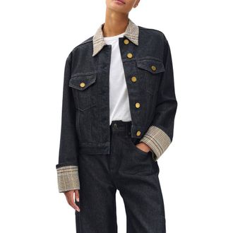 Rag & Bone Harriet Contrast Print Denim Trucker Jacket in Dark Blue at Nordstrom Rack, Size X-Large