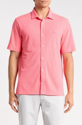Greg Norman Stretch Piqu&eacute; Button Front Shirt in Sun Kissed Coral at Nordstrom Rack, Size Xx-Large