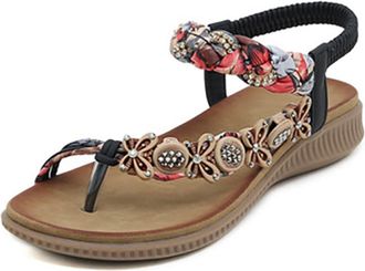 Generic Wide Fitting Sandals Elastic Strap Heel Shoes Open Toe Strappy Beaded Decorated Floral Fabric Woven Fashion Shoes Ladies Sparkly Sandals