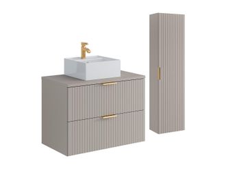 Vente-Unique Mueble de ba&ntilde;o suspendido estriado con lavabo cuadrado sobre encimera y columna - Color beige - 80 cm - ZEVARA
