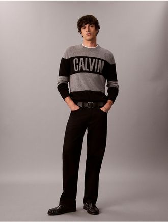 Calvin Klein Jeans Calvin Klein Mens Merino Striped Calvin Logo Sweater - Black - XL