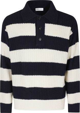 Roberto Collina Navy Ecru Striped Ribbed Wool Polo Shirt