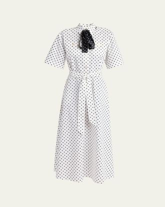 Valentino Garavani Polkadot-Print Cotton Neck-Scarf Midi Shirtdress