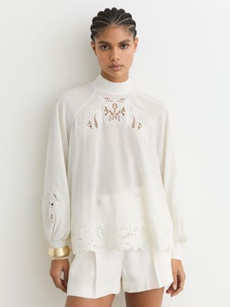 Reiss Cream Broderie Blouson-sleeve Blouse, 14