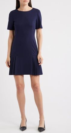 Tahari by ASL Pleat Detail Short Sleeve Dress in Navy at Nordstrom, Size 12