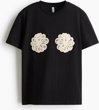 H&M T-Shirt mit Applikationen - Schwarz/Blumen