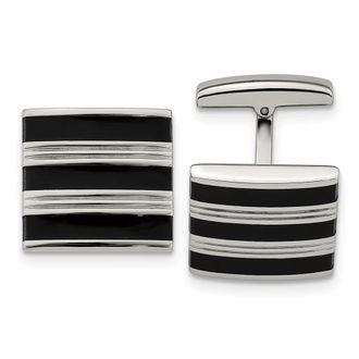 Diamond2Deal Stainless Steel Polished Grooved Black Rubber Stripes Cufflinks