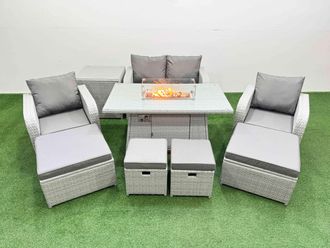 Fimous 8 Seater Outdoor Garden Furniture Sets with Gas Firepit Table in Light Grey
