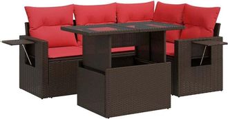 vidaXL 5 Piece Garden Sofa Set with Cushions Brown Poly Rattan Acacia Vidaxl