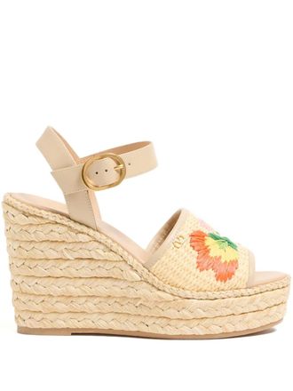 Valentino Garavani Bribri floral-embroidered wedge-heel espadrilles - women - Calf Leather/Calf Leather/Rubber/Raffia - 35 - Neutrals