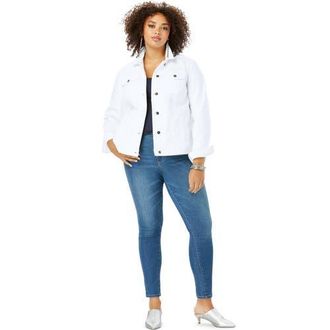 Roaman's Plus Size Classic Stretch Denim Jacket in White at Nordstrom, Size 12