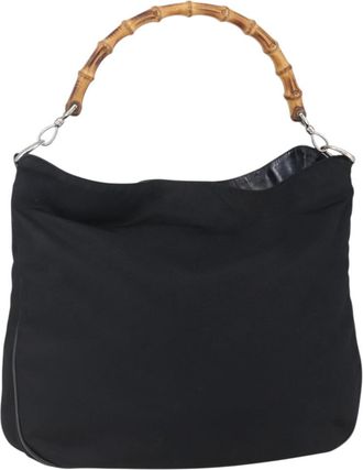 Gucci Vintage Bamboo Handle Open Hobo Nylon Black Nylon Handbag (Pre-Owned)