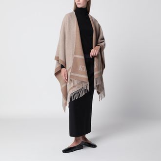 Max Mara Jacquard poncho with fringes in sand-colored wool