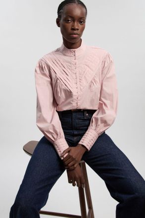 Karen Millen Womens Cotton Pleated High Neck Balloon Sleeve Woven Blouse - Pink - Size 16 UK