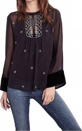 Velvet Becky Beaded Long Sleeve Silk Top In Black