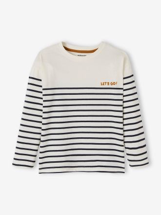 Vertbaudet Jungen Ringelshirt, Flockprint elfenbein gestreift