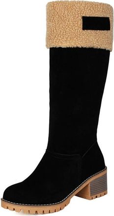 Generic Womens Faux Fur Lined Warm Winter Knee High Snow Boots Round Toe Chunky Platform Casual Versatile Shoes with Zipper (Black,7.5)