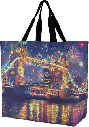 Generic Tower Bridge in London Fireworks Reusable Shopping Bags Large Capacity Grocery Bag Heavy Duty Tote for Women 40x40x16cm