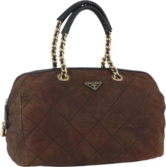 Prada Vintage Chain Handbag Tessuto Brown Nylon Handbag (Pre-Owned)