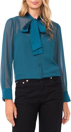 Vince Camuto Pussybow Sheer Button-Up Shirt in Deep Teal at Nordstrom, Size Xx-Large