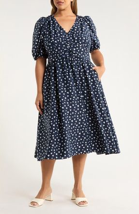 Caslon Heart Print Puff Sleeve Midi Dress in Navy- White Floating Hearts at Nordstrom Rack, Size 2X