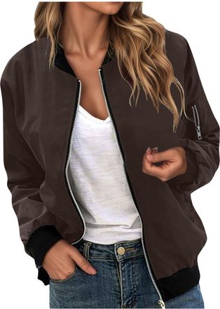 Generic Womens Lightweight Casual Zip Up Solid Color Stand Collar Jacket Outerwear Coat for Daily Wear (Brown, L)