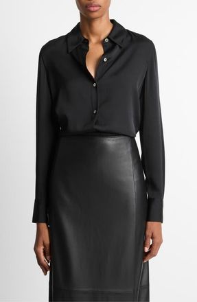 Vince Slim Fit Silk Blend Button-Up Shirt in Black at Nordstrom, Size Xx-Small