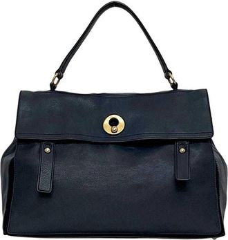 Saint Laurent Navy Leather Canvas Handbag Tote Bag (Pre-Owned)